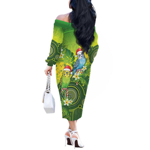 Budgerigar Australia Christmas Off The Shoulder Long Sleeve Dress Budgies Golden Wattle Aboriginal Green - Aussie Hoodie