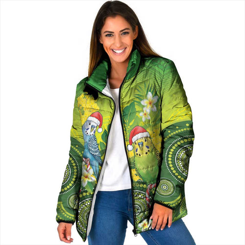 Budgerigar Australia Christmas Padded Jacket Budgies Golden Wattle Aboriginal Green - Aussie Hoodie