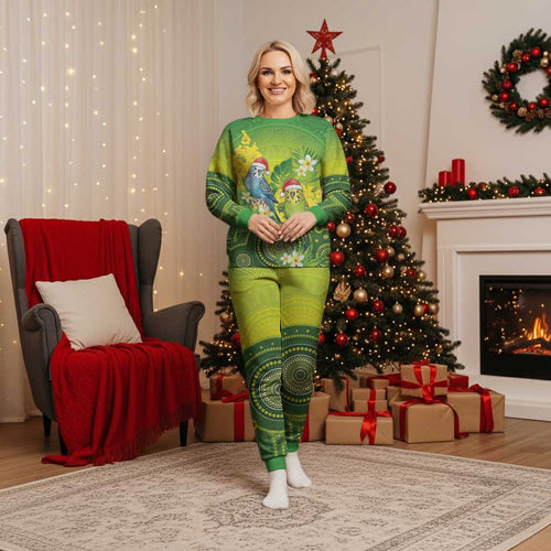 Budgerigar Australia Christmas Pajama Set Budgies Golden Wattle Aboriginal Green - Aussie Hoodie