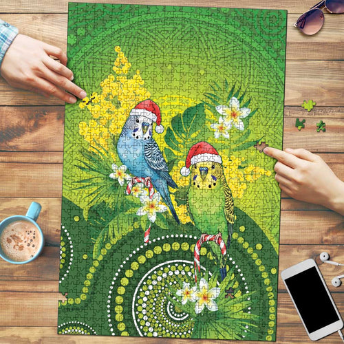 Budgerigar Australia Christmas Puzzle Budgies Golden Wattle Aboriginal Green - Aussie Hoodie
