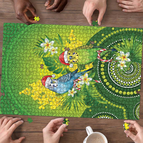 Budgerigar Australia Christmas Puzzle Budgies Golden Wattle Aboriginal Green - Aussie Hoodie