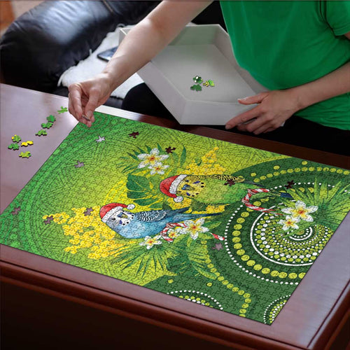 Budgerigar Australia Christmas Puzzle Budgies Golden Wattle Aboriginal Green - Aussie Hoodie