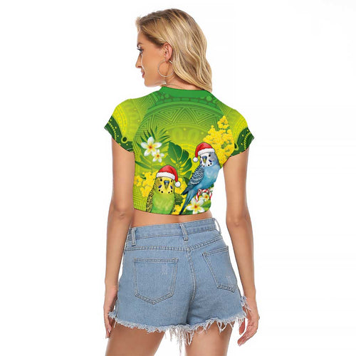 Budgerigar Australia Christmas Raglan Cropped T Shirt Budgies Golden Wattle Aboriginal Green - Aussie Hoodie