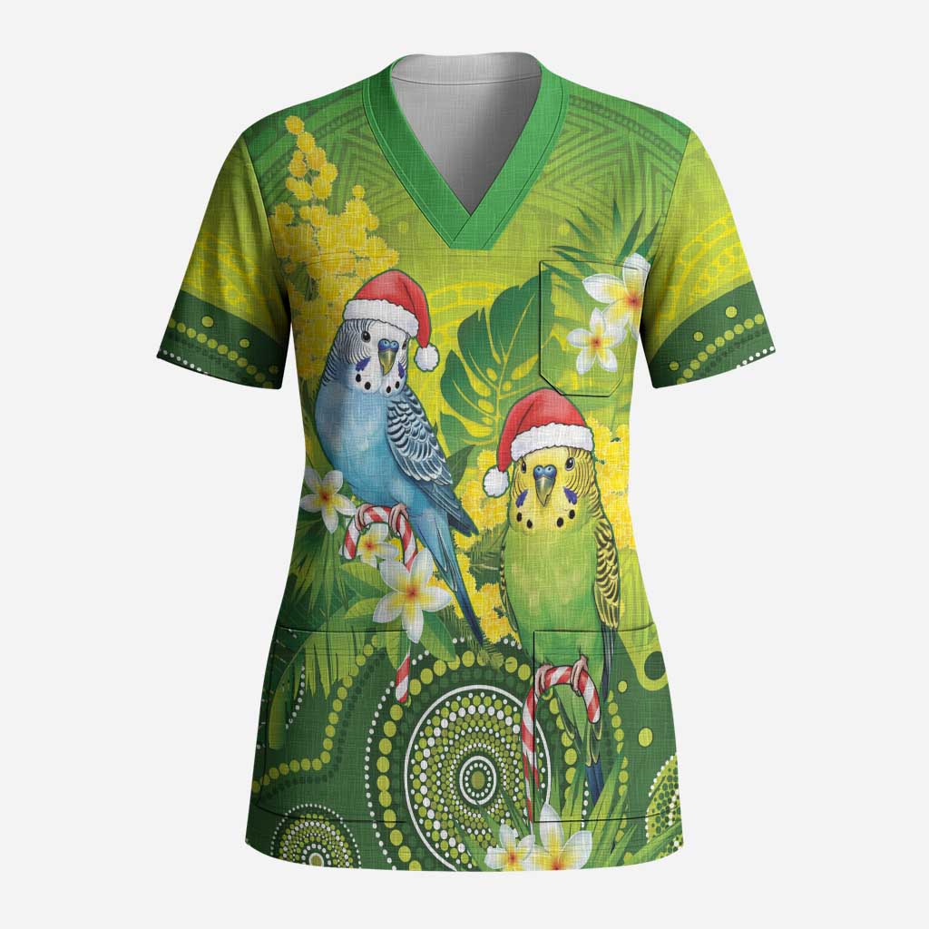 Budgerigar Australia Christmas Scrub Top Budgies Golden Wattle Aboriginal Green - Aussie Hoodie