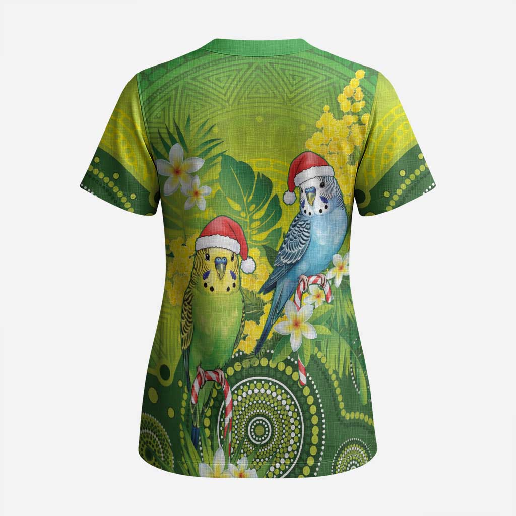 Budgerigar Australia Christmas Scrub Top Budgies Golden Wattle Aboriginal Green - Aussie Hoodie