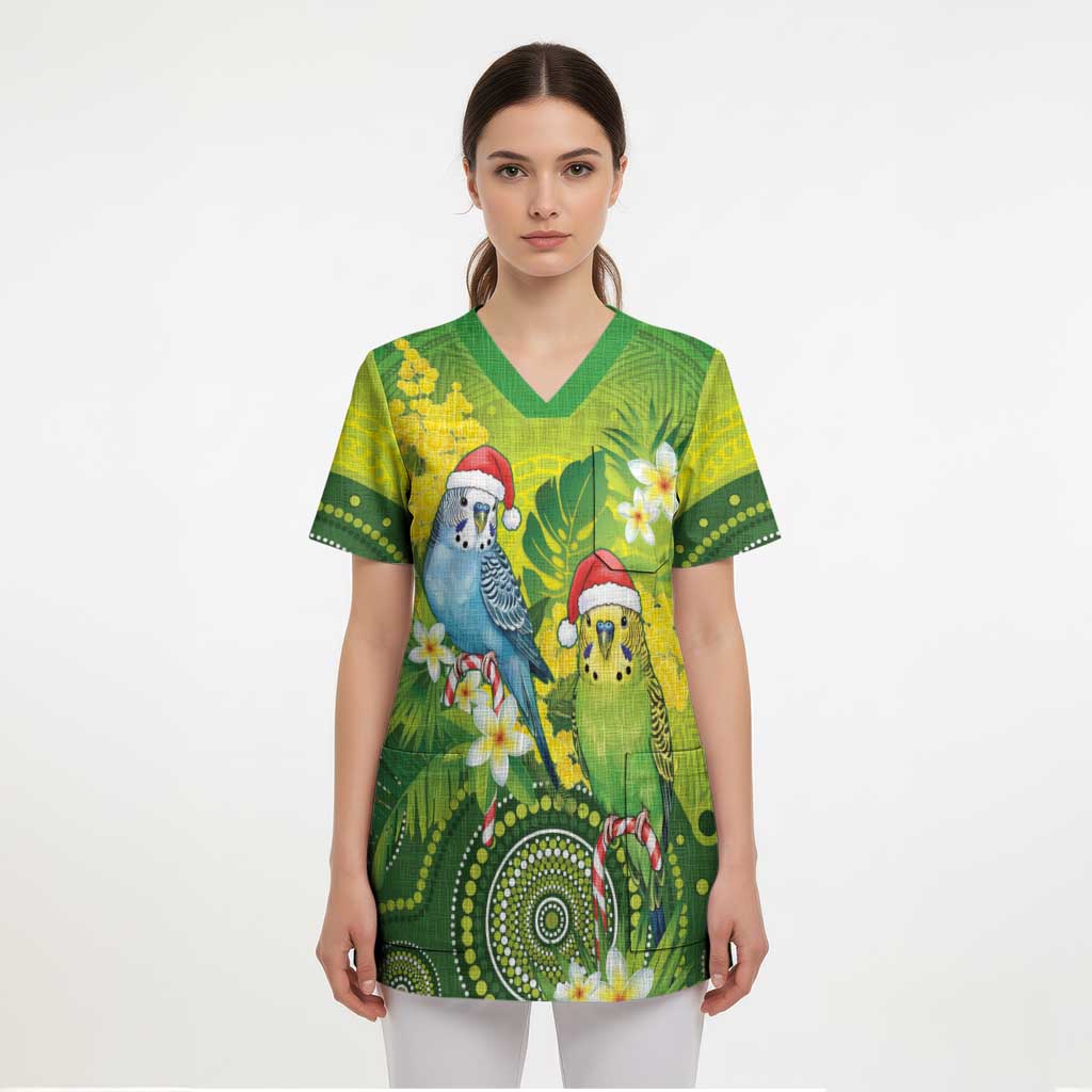 Budgerigar Australia Christmas Scrub Top Budgies Golden Wattle Aboriginal Green - Aussie Hoodie