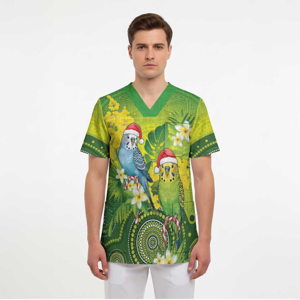 Budgerigar Australia Christmas Scrub Top Budgies Golden Wattle Aboriginal Green - Aussie Hoodie