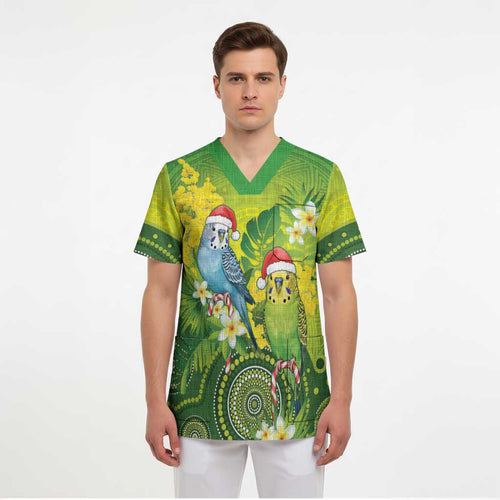 Budgerigar Australia Christmas Scrub Top Budgies Golden Wattle Aboriginal Green - Aussie Hoodie