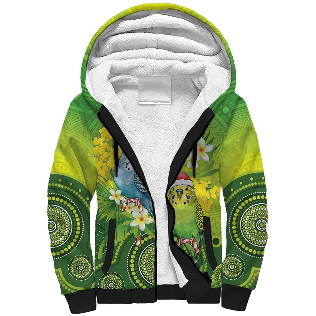 Budgerigar Australia Christmas Sherpa Hoodie Budgies Golden Wattle Aboriginal Green - Aussie Hoodie
