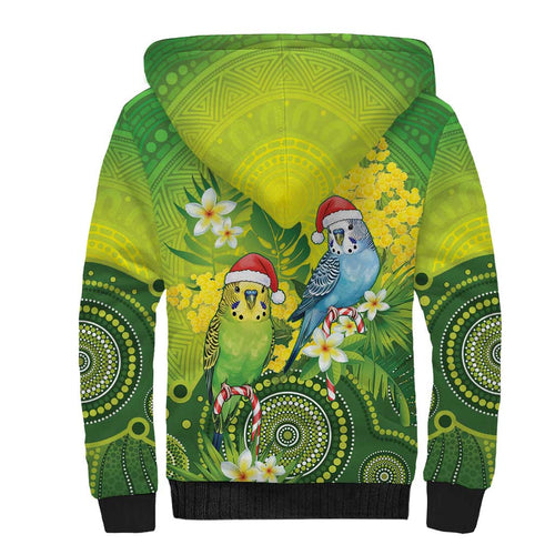 Budgerigar Australia Christmas Sherpa Hoodie Budgies Golden Wattle Aboriginal Green - Aussie Hoodie