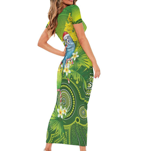 Budgerigar Australia Christmas Short Sleeve Bodycon Dress Budgies Golden Wattle Aboriginal Green - Aussie Hoodie