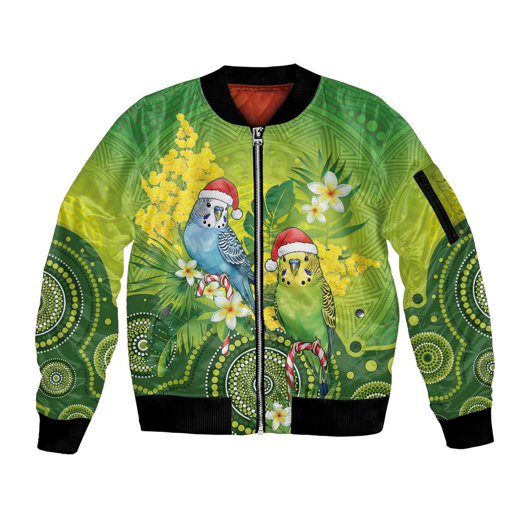 Budgerigar Australia Christmas Sleeve Zip Bomber Jacket Budgies Golden Wattle Aboriginal Green - Aussie Hoodie