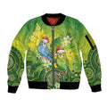 Budgerigar Australia Christmas Sleeve Zip Bomber Jacket Budgies Golden Wattle Aboriginal Green - Aussie Hoodie
