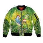 Budgerigar Australia Christmas Sleeve Zip Bomber Jacket Budgies Golden Wattle Aboriginal Green - Aussie Hoodie