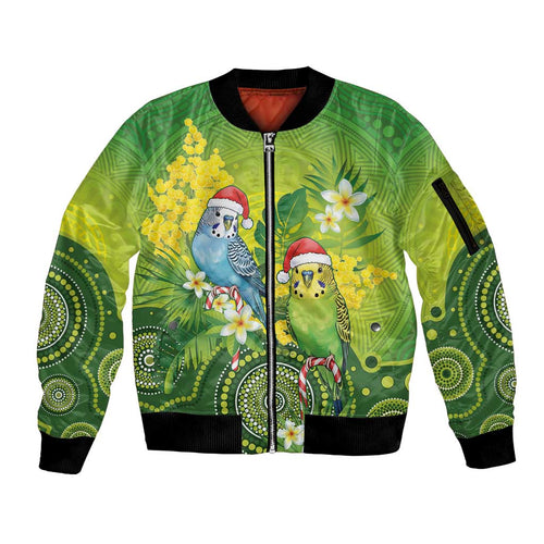 Budgerigar Australia Christmas Sleeve Zip Bomber Jacket Budgies Golden Wattle Aboriginal Green - Aussie Hoodie