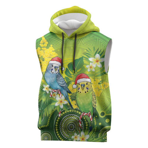 Budgerigar Australia Christmas Sleeveless Hoodie Budgies Golden Wattle Aboriginal Green - Aussie Hoodie