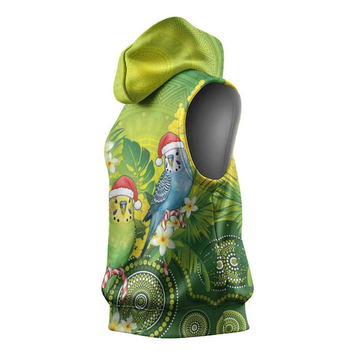 Budgerigar Australia Christmas Sleeveless Hoodie Budgies Golden Wattle Aboriginal Green - Aussie Hoodie