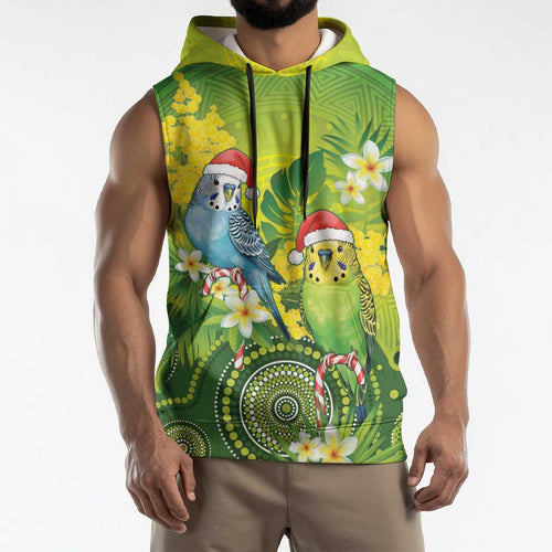 Budgerigar Australia Christmas Sleeveless Hoodie Budgies Golden Wattle Aboriginal Green - Aussie Hoodie