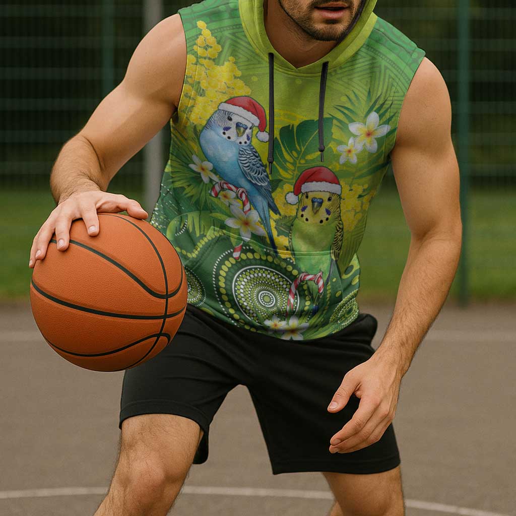 Budgerigar Australia Christmas Sleeveless Hoodie Budgies Golden Wattle Aboriginal Green - Aussie Hoodie