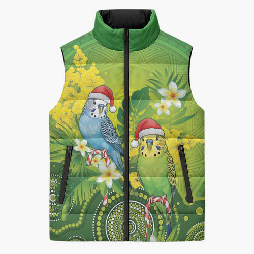 Budgerigar Australia Christmas Sleeveless Puffer Jacket Budgies Golden Wattle Aboriginal Green - Aussie Hoodie