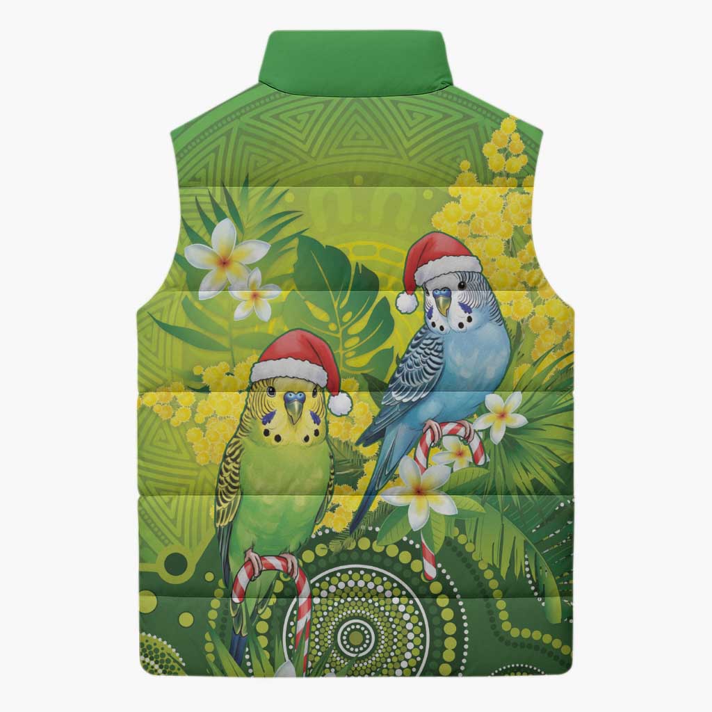 Budgerigar Australia Christmas Sleeveless Puffer Jacket Budgies Golden Wattle Aboriginal Green - Aussie Hoodie