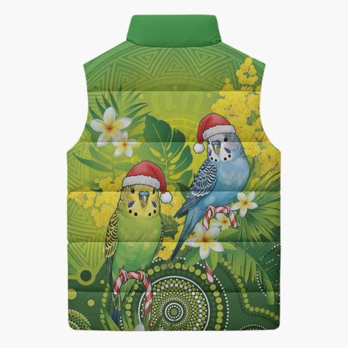 Budgerigar Australia Christmas Sleeveless Puffer Jacket Budgies Golden Wattle Aboriginal Green - Aussie Hoodie