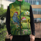 Budgerigar Australia Christmas Sleeveless Puffer Jacket Budgies Golden Wattle Aboriginal Green - Aussie Hoodie
