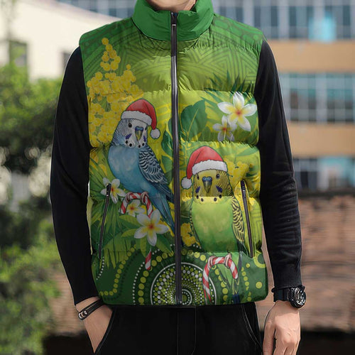 Budgerigar Australia Christmas Sleeveless Puffer Jacket Budgies Golden Wattle Aboriginal Green - Aussie Hoodie