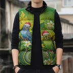 Budgerigar Australia Christmas Sleeveless Puffer Jacket Budgies Golden Wattle Aboriginal Green - Aussie Hoodie