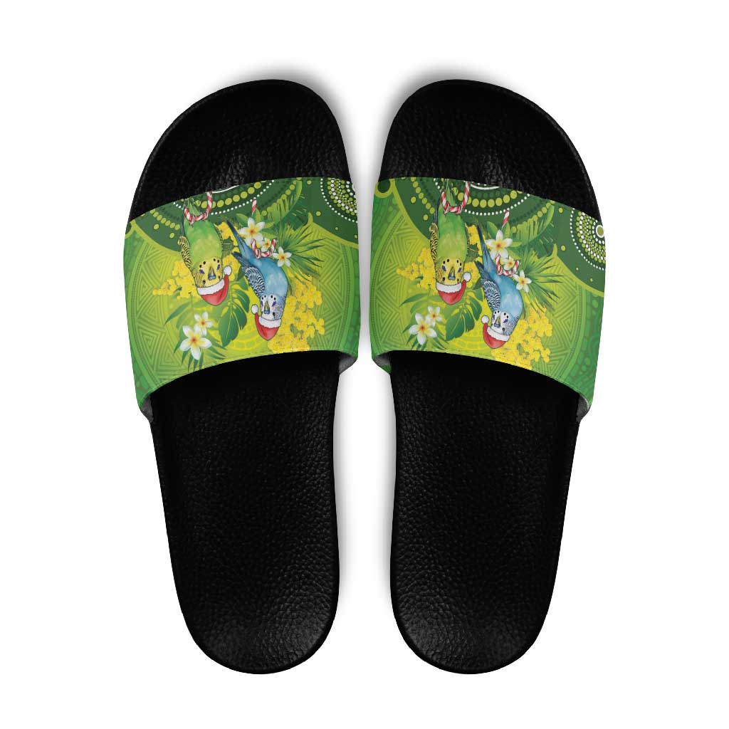 Budgerigar Australia Christmas Slide Sandals Budgies Golden Wattle Aboriginal Green - Aussie Hoodie