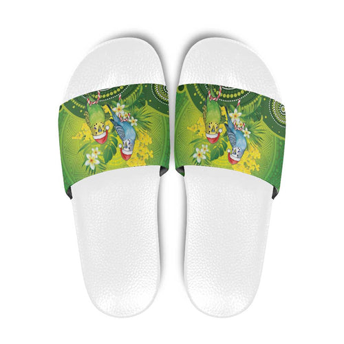 Budgerigar Australia Christmas Slide Sandals Budgies Golden Wattle Aboriginal Green - Aussie Hoodie