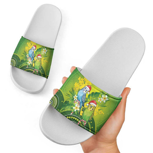 Budgerigar Australia Christmas Slide Sandals Budgies Golden Wattle Aboriginal Green - Aussie Hoodie