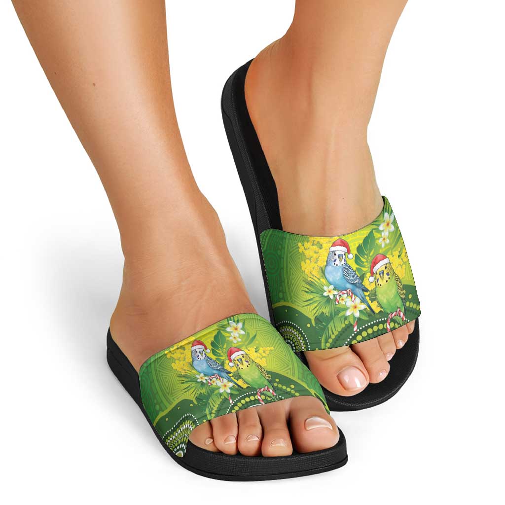 Budgerigar Australia Christmas Slide Sandals Budgies Golden Wattle Aboriginal Green - Aussie Hoodie