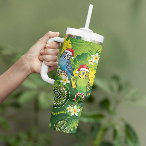 Budgerigar Australia Christmas Tumbler With Handle Budgies Golden Wattle Aboriginal Green - Aussie Hoodie