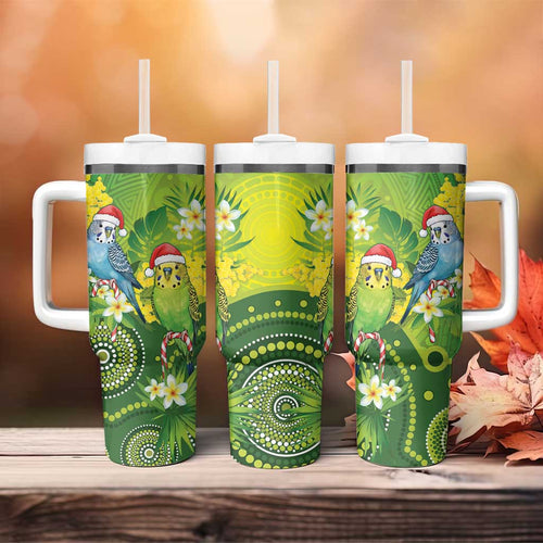 Budgerigar Australia Christmas Tumbler With Handle Budgies Golden Wattle Aboriginal Green - Aussie Hoodie