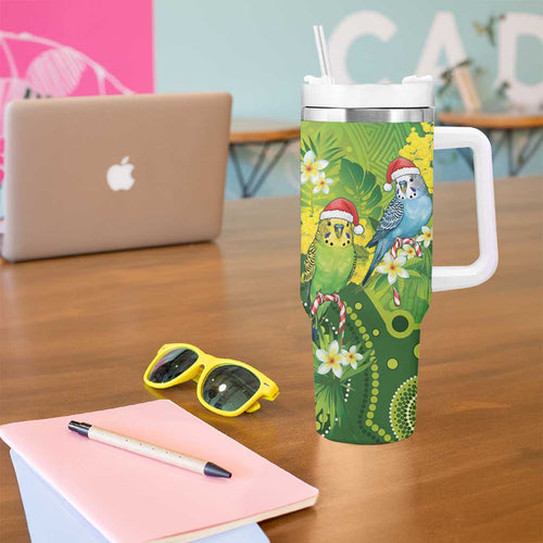 Budgerigar Australia Christmas Tumbler With Handle Budgies Golden Wattle Aboriginal Green - Aussie Hoodie