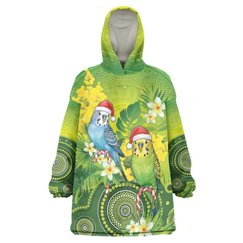 Budgerigar Australia Christmas Wearable Blanket Hoodie Budgies Golden Wattle Aboriginal Green - Aussie Hoodie