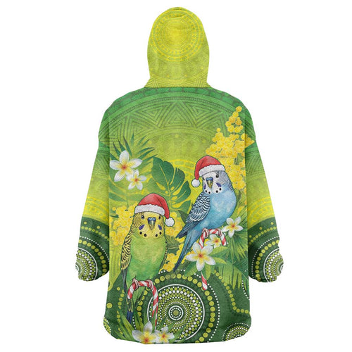 Budgerigar Australia Christmas Wearable Blanket Hoodie Budgies Golden Wattle Aboriginal Green - Aussie Hoodie