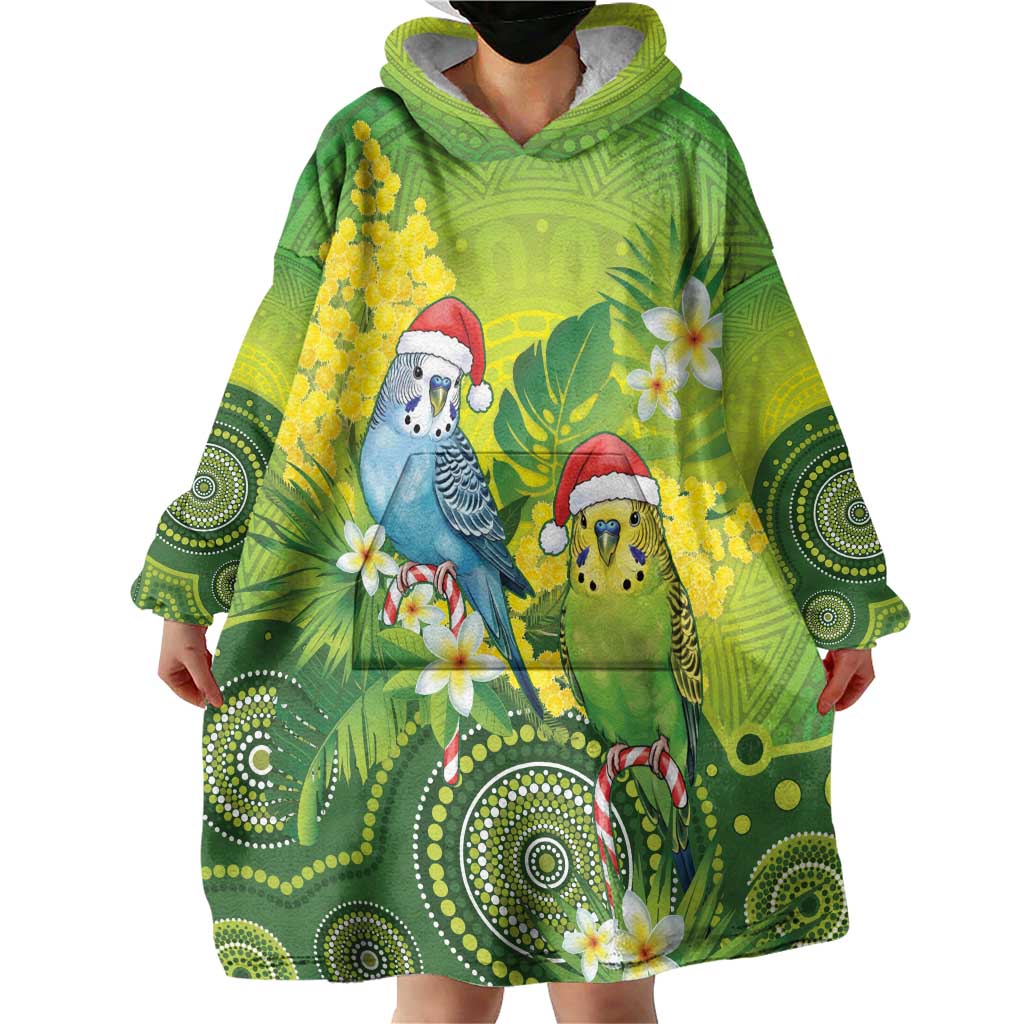 Budgerigar Australia Christmas Wearable Blanket Hoodie Budgies Golden Wattle Aboriginal Green - Aussie Hoodie
