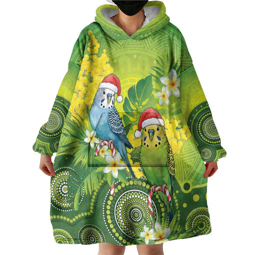 Budgerigar Australia Christmas Wearable Blanket Hoodie Budgies Golden Wattle Aboriginal Green - Aussie Hoodie