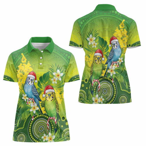 Budgerigar Australia Christmas Women Polo Shirt Budgies Golden Wattle Aboriginal Green - Aussie Hoodie