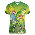 Budgerigar Australia Christmas Women V-Neck T-Shirt Budgies Golden Wattle Aboriginal Green - Aussie Hoodie
