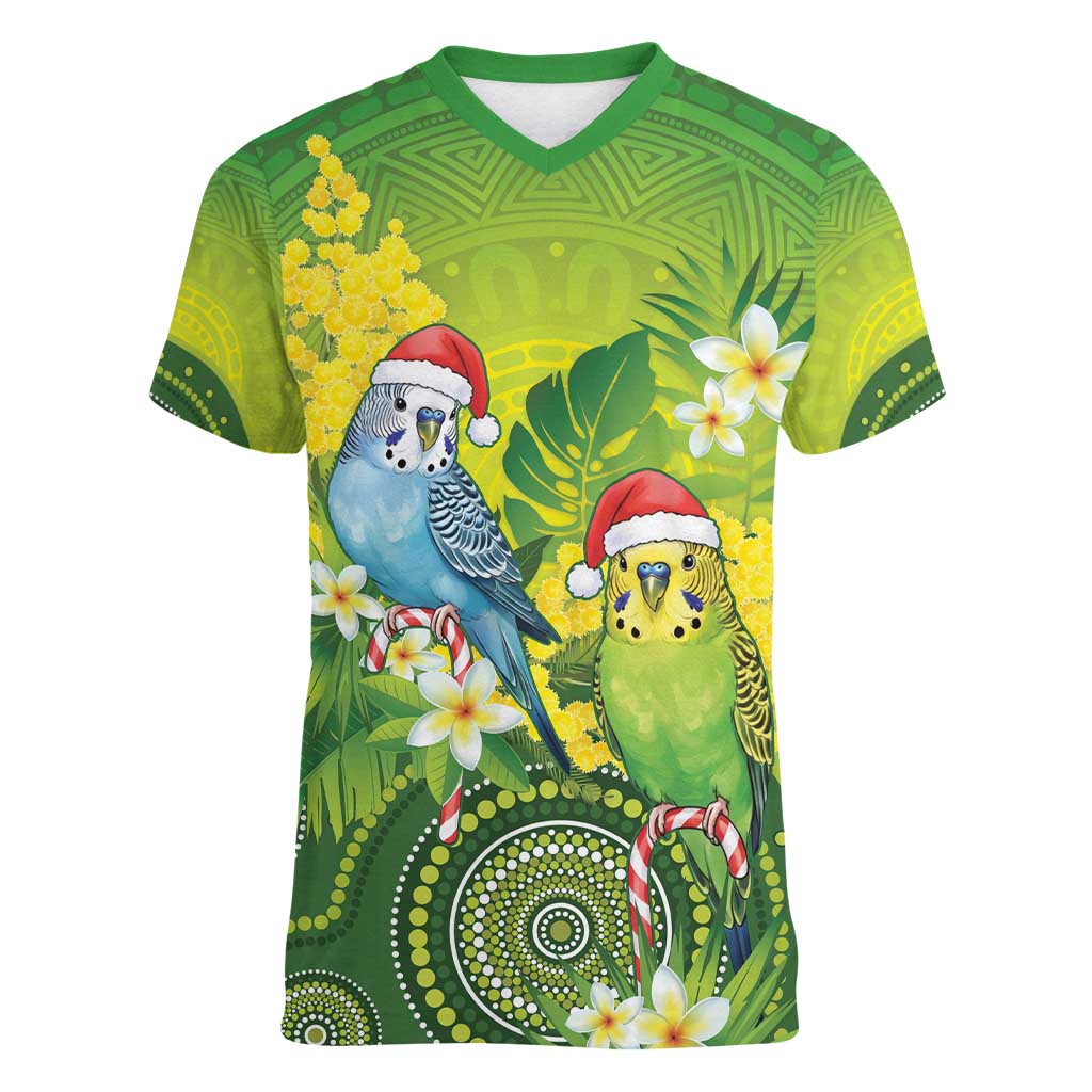 Budgerigar Australia Christmas Women V-Neck T-Shirt Budgies Golden Wattle Aboriginal Green - Aussie Hoodie