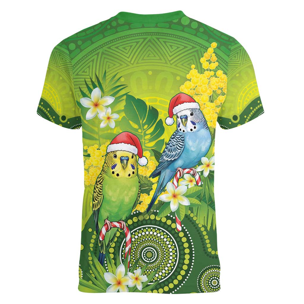 Budgerigar Australia Christmas Women V-Neck T-Shirt Budgies Golden Wattle Aboriginal Green - Aussie Hoodie