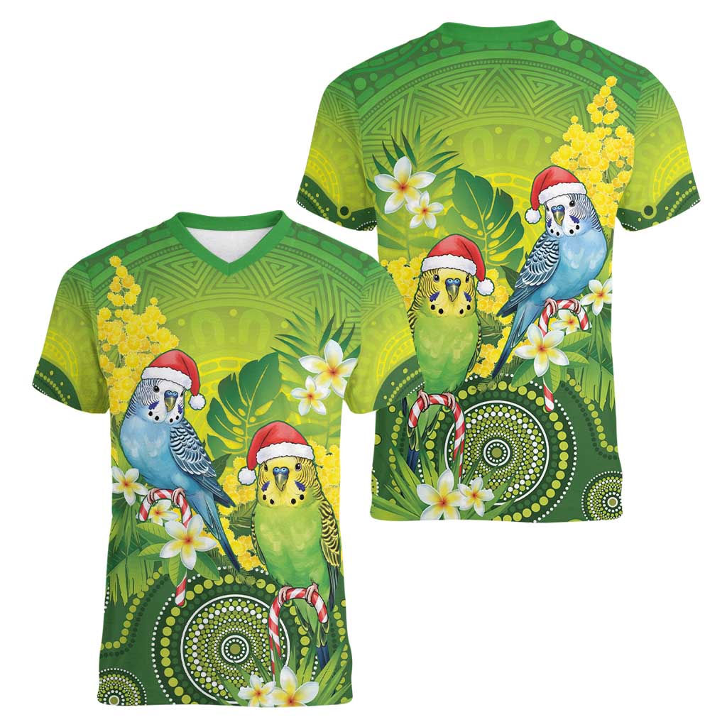 Budgerigar Australia Christmas Women V-Neck T-Shirt Budgies Golden Wattle Aboriginal Green - Aussie Hoodie