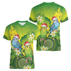 Budgerigar Australia Christmas Women V-Neck T-Shirt Budgies Golden Wattle Aboriginal Green - Aussie Hoodie