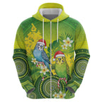 Budgerigar Australia Christmas Zip Hoodie Budgies Golden Wattle Aboriginal Green - Aussie Hoodie