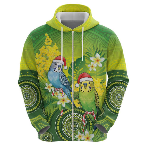 Budgerigar Australia Christmas Zip Hoodie Budgies Golden Wattle Aboriginal Green - Aussie Hoodie
