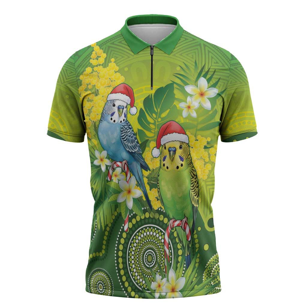 Budgerigar Australia Christmas Zipper Polo Shirt Budgies Golden Wattle Aboriginal Green - Aussie Hoodie