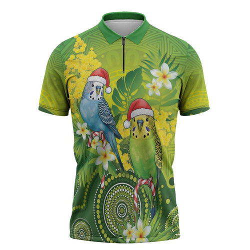 Budgerigar Australia Christmas Zipper Polo Shirt Budgies Golden Wattle Aboriginal Green - Aussie Hoodie